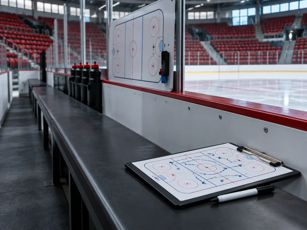 Tom spelarbänk i en hockeyarena med röda läktarstolar, taktiktavla och en skrivplatta med försvarsövningar