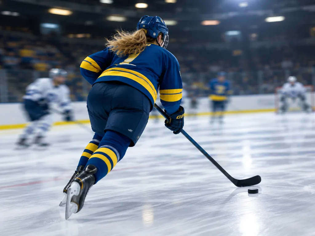 Damhockeyspelare i blågul tröja åker med pucken över isen i en ishall