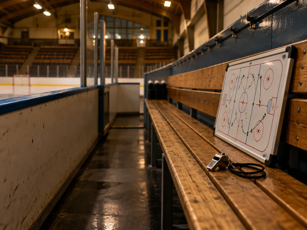 Tom spelarbänk i en hockeyhall med en taktiktavla och en tränarvisselpipa på bänken